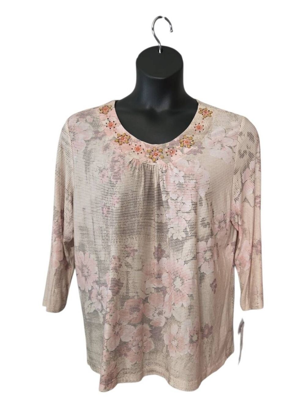 NWT Alfred Dunner Floral Embellished Neck Top Roseland Lodge Size Large